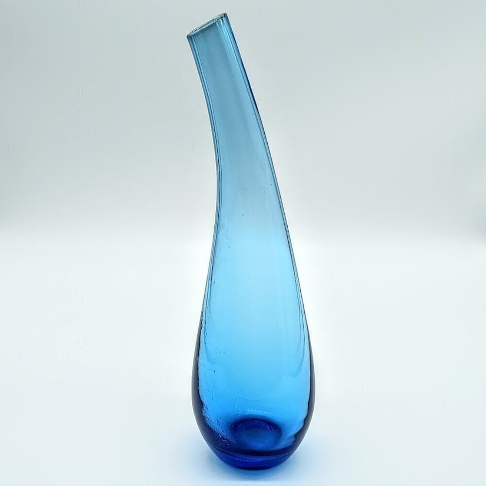 Handblown Ikea Blue Bent Neck Teardrop Glass Vase
